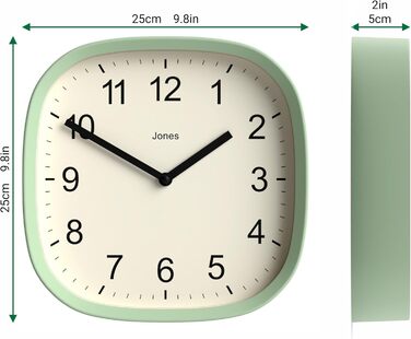 JONES CLOCKS Square Retro Wall Clock made of high-quality acrylic, 'Sprite' in Mint Green, 25 x 25 x 5 cm