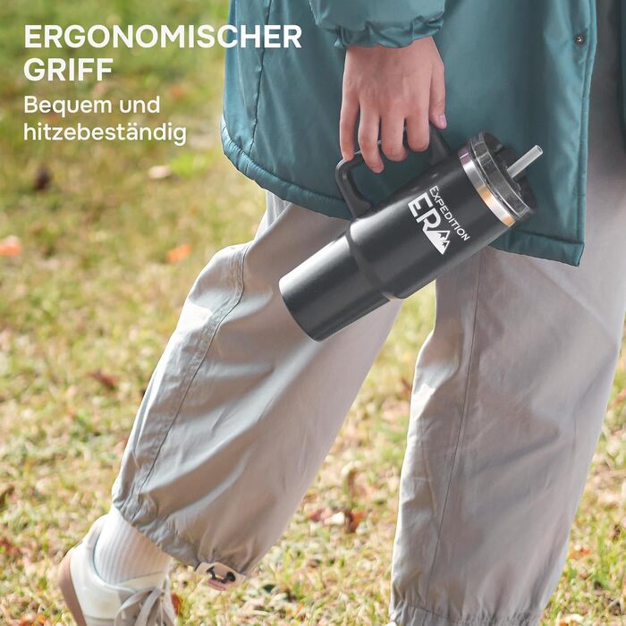 Термокружка з трубочкою 880 мл, з кришкою та ручкою, нержавіюча сталь, ізольована, велика, термокружка-чохайстер, для напоїв, подорожей, кави на виніс XXL (Чорний)