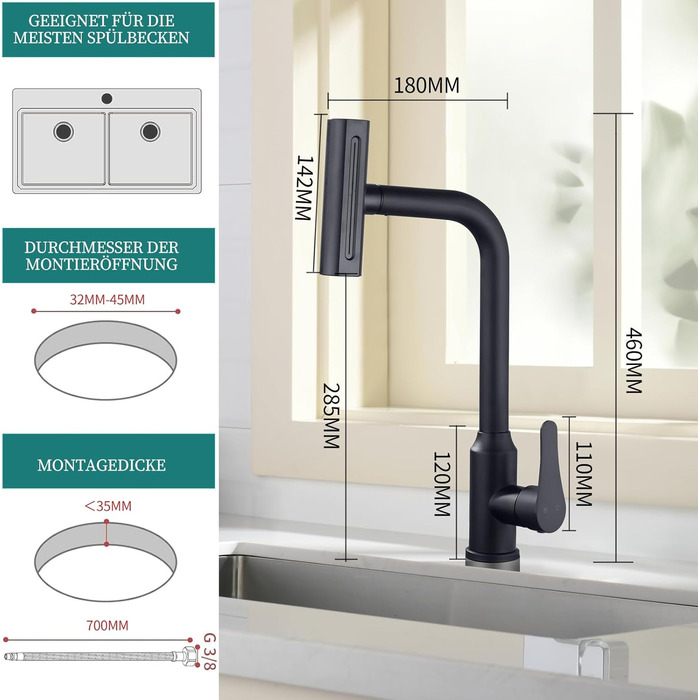 Кухонний змішувач водопровідний висувний з душем, 360° поворот, 4 режими, з нержавіючої сталі, чорний