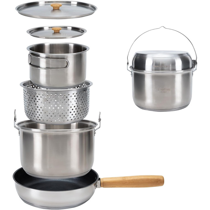 Набір посуду для кемпінгу KingCamp: нержавіюча сталь 304, для багаття, котелень, каструль, сковорода та чайник з сумкою, для кемпінгу, відпочинку на природі, кухні, приготування їжі, пікніків на 4-6 осіб, срібний набір посуду