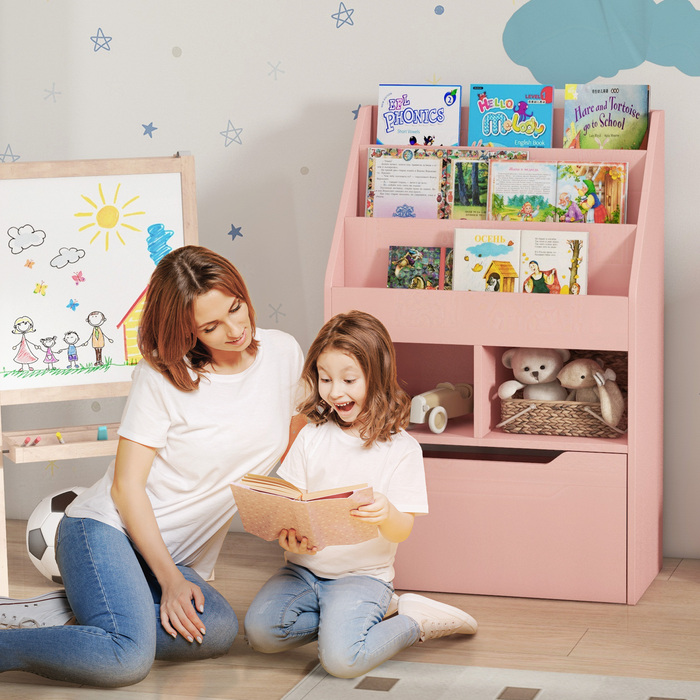 HOMCOM Kids Bookshelf, Children's Shelf with Drawer, 3 Storage Compartments and 2 Open Compartments, Storage Shelf for Kids' Room, Playroom, Pink, 60 x 29.9 x 90 cm | Aosom