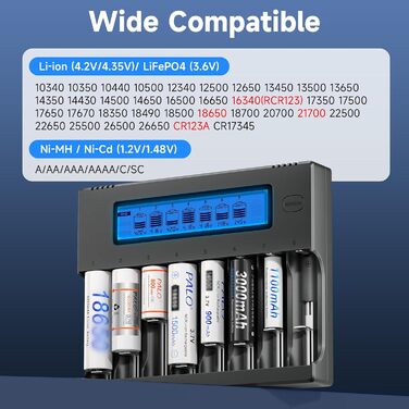 Інтелектуальна зарядка для акумуляторів 18650 з LCD-дисплеєм - 8 слотів, універсальна, з функцією розряду, для 18650, 26650, 16340, 21700, 14500, 17500, CR123A, AA/AAA