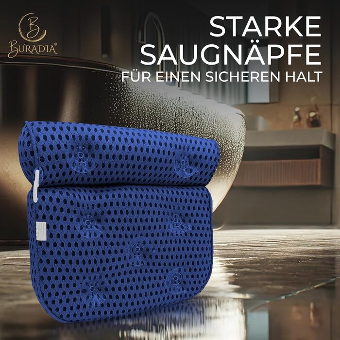 Bath Pillow incl. Wash Bag - Ultimate Comfort and Relaxation with Latest Air Mesh Technology - Bath Cushion for Bathtub with 7 Strong Suction Cups - Neck/Head Pillow (dark blue)