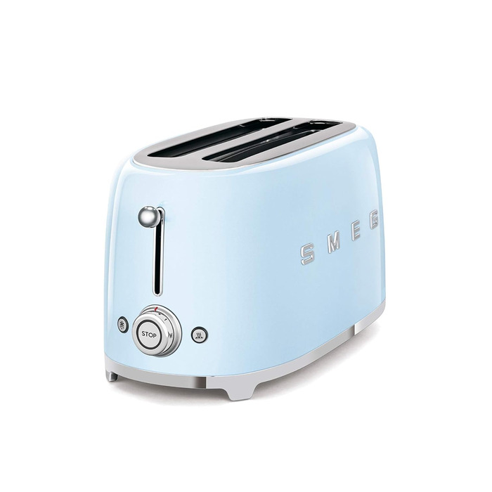 Тостер Smeg TSF02PBEU - 2 слоти для 4 тости, 6 рівнів підсмажування, функція підігріву, розморожування та приготування багелів, знімний піддон, 1500W, пастельно-блакитний