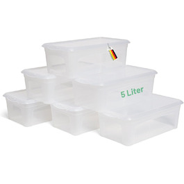 6 Storage Boxes with Lid 5L Transparent Boxes Stackable Nestable Storage boxes with Clip Closure BPA-free Plastic 34x19x11 cm