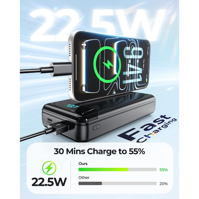 Power Bank Enerwow 27000mAh з USB-C кабелем, 4 порти, LED-дисплей - Зовнішній акумулятор для iPhone та інших пристроїв (Чорний, P300C)