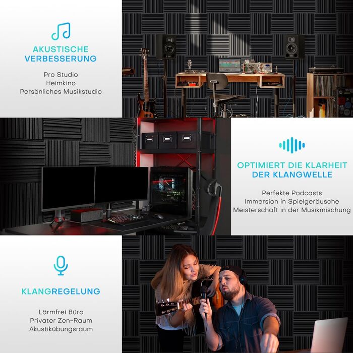 Акустичний поролон для звукоізоляції, шумопоглинаючі панелі 30х30х5 см, висока щільність, набір 48 шт для студії звукозапису та лайв-студій