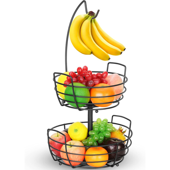 Металева підставка для фруктів та овочів на 2 яруси з гачком для бананів - чорна