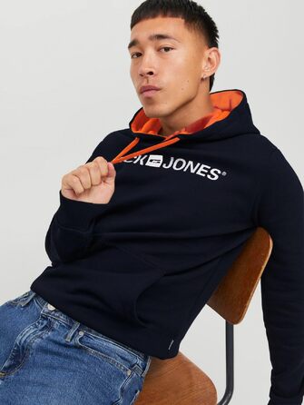 Чоловічий худі JACK & JONES з капюшоном та кишенею, Regular Fit, колір Shocking Orange/Navy Blazer, розмір XS