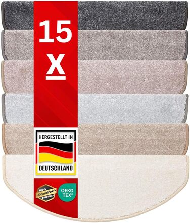 Casa Pura Non-Slip Stair Treads - 15 Piece Set | Soft Plush Carpet for Stairs | Half Round Design | Anti-Slip & Easy to Install | 65 x 23.5 x 1.3 cm