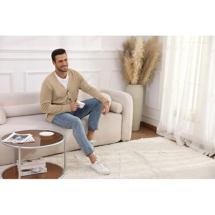 Чоловічий в'язаний кардиган вінтажного стилю з ґудзиками, з довгим рукавом, V-подібний виріз, легкий та теплий на осінь/зиму, бежевий, розмір M