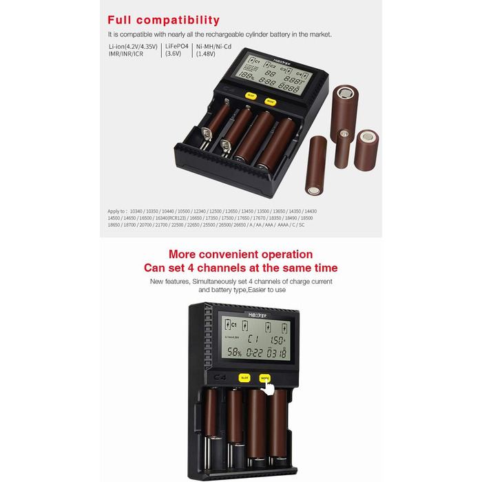 Зарядний пристрій LGIDTECH C4 MiBOXER для акумуляторів 18650 з автозарядкою та LCD дисплеєм (AA, AAA, C, 26650, 16340, 18500, 18350, 17670, RCR123, Li-ion, IMR, INR, ICR, NI-MH, NI-Cd, LiFePO4)