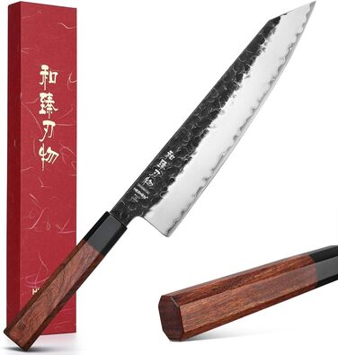 HEZHEN 21.5cm Kiritsuke Chef's Knife - 3-Layer Forged Steel, Japanese Kitchen Knife with Redwood Handle & Wooden Sheath