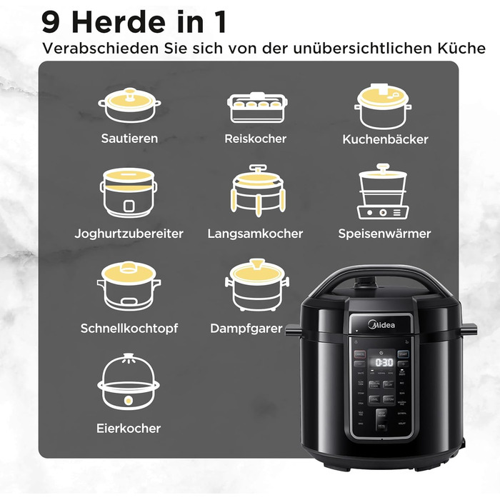 Midea Electric Pressure Cooker 9-in-1, 12 Presets Instant Multi-Cooker Non-Stick Pot Yogurt Maker Rice Cooker Slow Cooker Sauté Steamer Stainless Steel Inner Pot, 6 Quarts Black 6 Liters