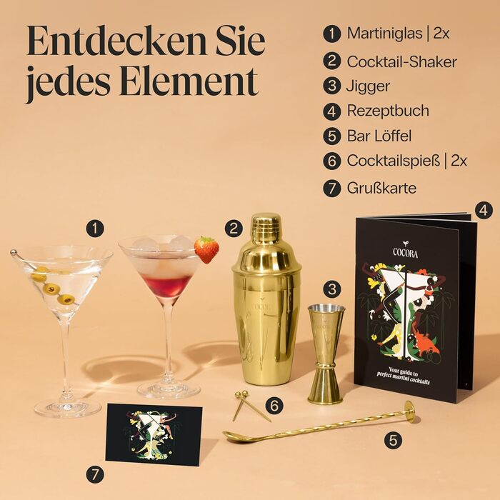 Коктейльний набір Cocora Martini 8 предметів: шейкер, келихи для Мартіні, книга рецептів, подарункова упаковка (золото)