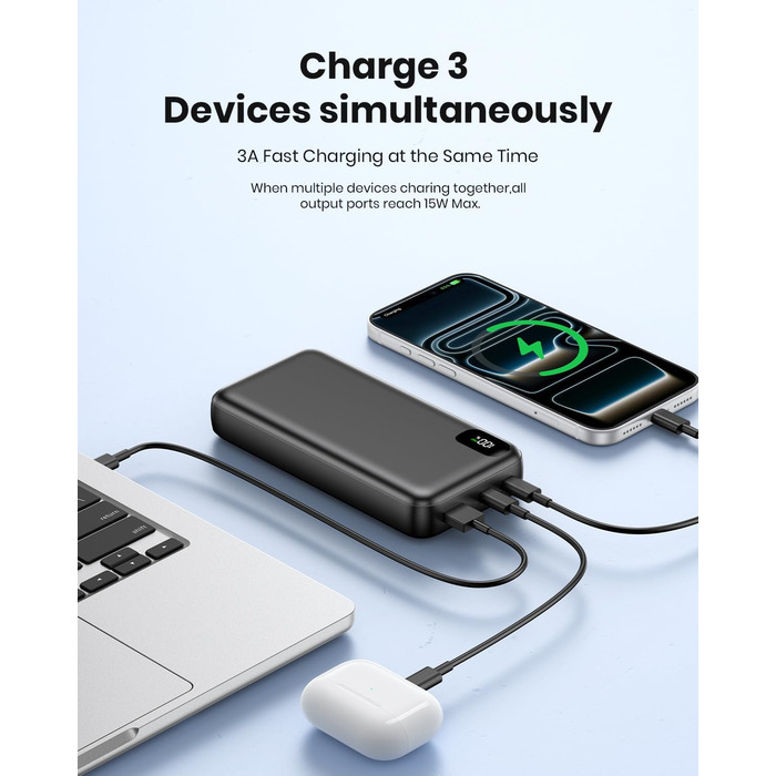 Power Bank A ADDTOP 20000mAh 65W: зарядний пристрій для ноутбука, iPhone, iPad. 2 USB-C, 1 USB-A. Чорний