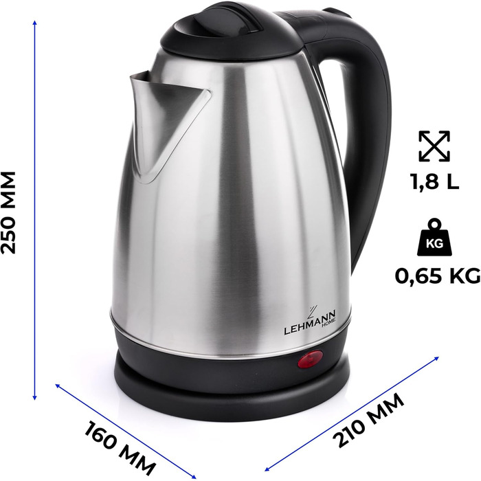 Електричний чайник LEHMANN з нержавіючої сталі, 2200 Вт, 1.8 л, швидке нагрівання, 360° підставка, автовимкнення, захист від перегріву, BPA-Free, для дитячого харчування, чаю та кави, сріблястий