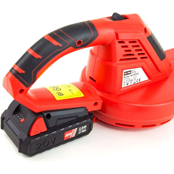 Grafner cordless leaf blower with 20-volt lithium-ion battery and quick charger, 200 km/h blowing speed, anti-vibration handle, compact and handy design, powerful airflow in red