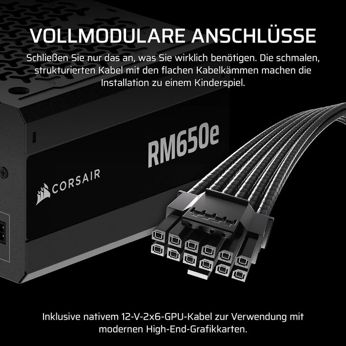Блок живлення Corsair RM650e (2025) 650W, повністю модульний, ATX 3.1, PCIe 5.1, 12V-2x6, Cybenetics Gold, низький рівень шуму, чорний