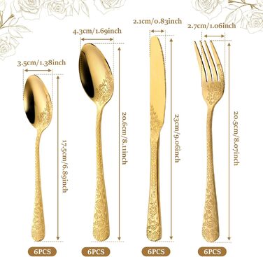 Набір столових приборів 24 предмети для 6 осіб з гравіюванням троянд, нержавіюча сталь, золотий колір - ножі, виделки, ложки, поліровані, для посудомийної машини, святковий