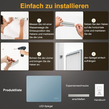 Дзеркало для ванної кімнати з підсвічуванням 50 x 70 см, LED дзеркало для ванної, антизапарник, 3 кольори світла, регулювання яскравості, прямокутна форма, сенсорна кнопка, функція пам'яті, горизонтальний/вертикальний монтаж