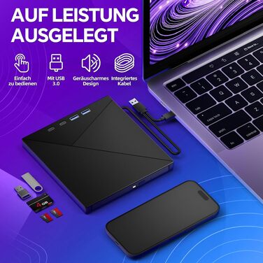 Зовнішній CD/DVD привід та записувач USB-C & USB-A з картридером TF/SD для ноутбука, Windows, Mac OS, Linux