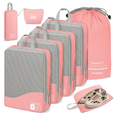 Набір кубиків-органайзерів для валізи VnioLife (8 шт.) - компресійні, для подорожей, блакитний/рожевий