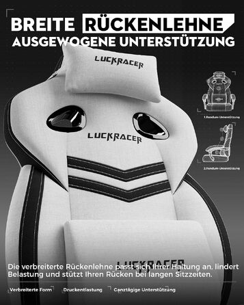 Ігрове крісло LUCKRACER для комп'ютера та офісу, з підставкою для ніг, подушкою з ефектом пам'яті, кутом нахилу 90–155° та міцною тканиною, витримує до 150 кг (Біле, Тканина)