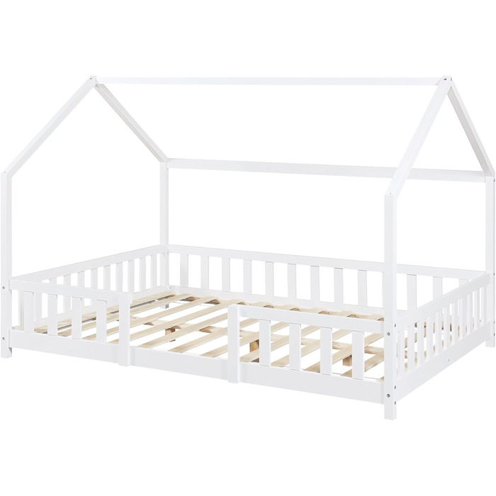 en.casa Kinderbett Sisimiut House Bed 140 x 200 cm with Side Rails, Wooden Bed for Children, Floor Bed, Slatted Frame, Pine Wood, Matt White, 140x200cm