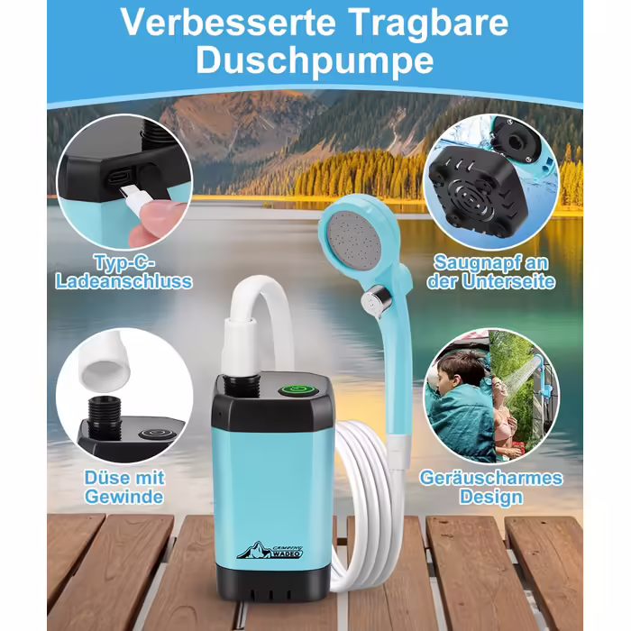 WADEO Portable Camping Shower with Battery and Pump, Camping Shower with Rechargeable 6000/8000mAh Battery, Mobile Showers Outdoor Showers with Shower Head and Hose, for Camping, Travel, Garden, Car Washing (Blue, with Double Digital Display)