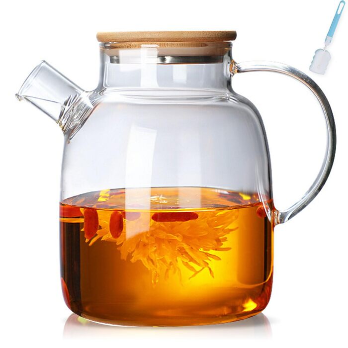 Скляний чайник з ситечком 1800 мл з дерев'яною кришкою, термостійкий боросилікатний чайник для квіткового чаю та соків