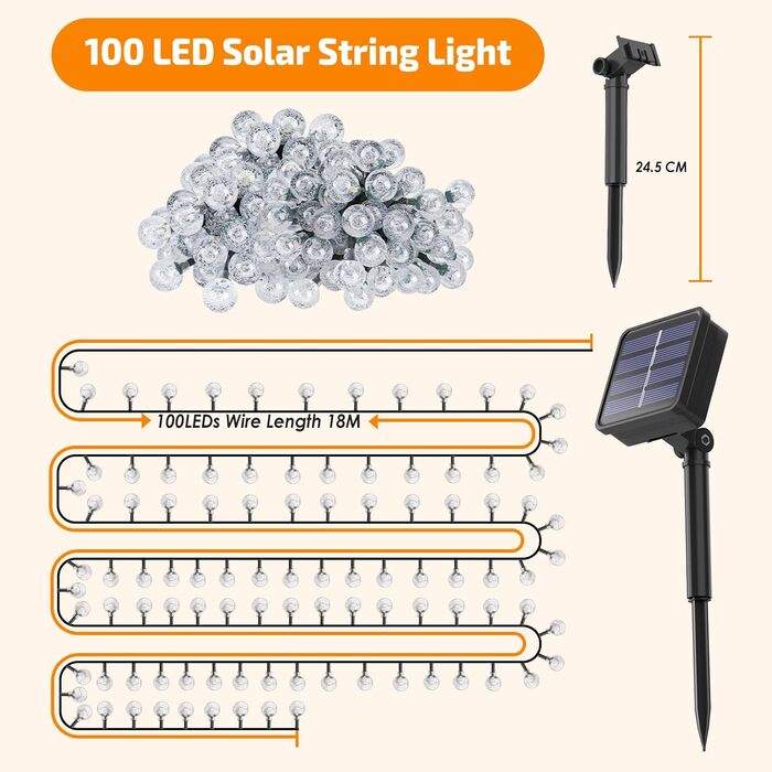Сонячна гірлянда для вулиці, 100 LED, 15+3м, IP65, 8 режимів, тепле світло