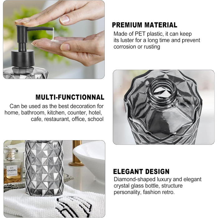 Дозатор мила чорний, скляний дозатор для ванної кімнати, наповнюваний дозатор з нержавіючою сталею, 2 підставки, 330 мл, вінтажний дизайн