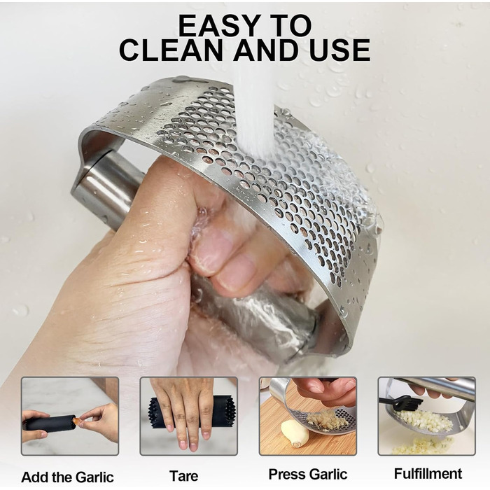Прес для часнику з нержавіючої сталі - багатофункціональний прес для часнику з силіконовим очищувачем та щіткою для чищення. Можна мити в посудомийній машині (срібний)