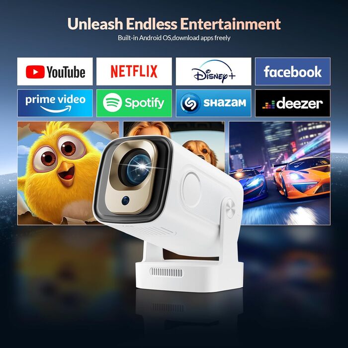 Міні проєктор Smart Beamer 4K 1080P з Android 11, WiFi 6, BT5.0, 180° поворотний, для дому та вулиці, сумісний з Android/iPhone/PC/Mac/Switch, білий (чорний + білий)