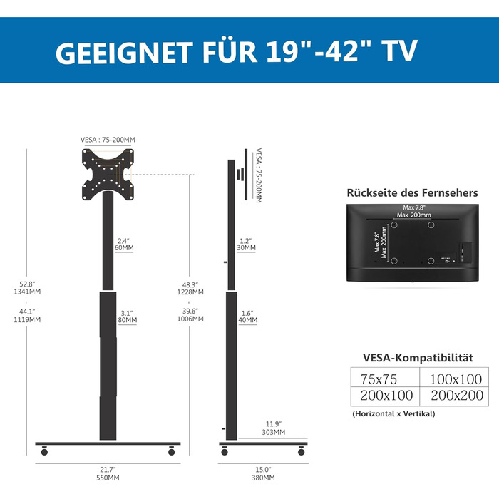 FITUEYES Rolling TV Stand with Wheels - Tilting ±15° Swivel ±35° Adjustable Height TV Cart for 19-42 inch Flat Screen TVs up to 35kg, VESA 200x200