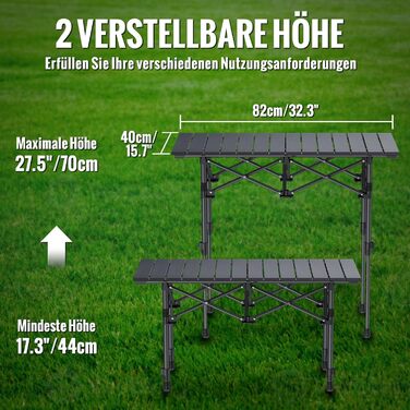 Складаний туристичний стіл Garllen 82x40 см, 2 рівня висоти (44/70 см), з розкатною стільницею, сталевий, для пікніка, грилю, саду, з сумкою
