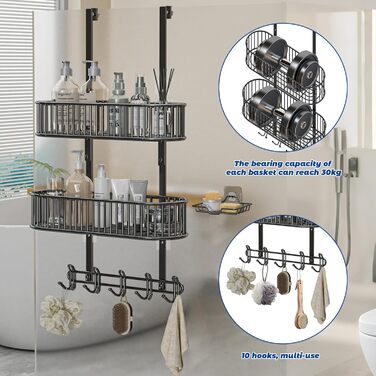 Настінна поличка для душу AIGOCITY без свердління, чорна, для скляних душових кабін, з 3 гачками, регульована висота, для шампуню та гелю для душу