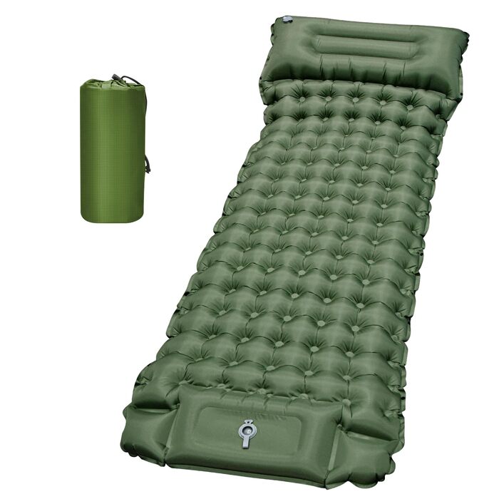 Каремат туристичний надувний Isomatte Camping 10 см з вбудованим насосом та подушкою, водонепроникний, антирозривний для кемпінгу, пляжу, подорожей, походу (Зелений)
