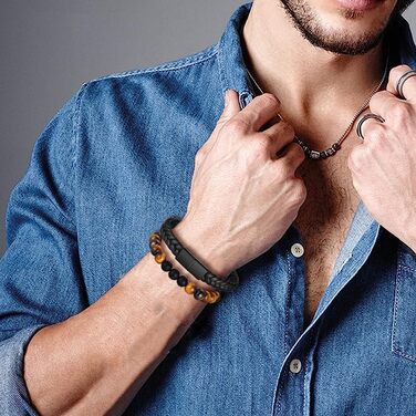 Чоловічий браслет з натуральної шкіри, чорний, плетений, з магнітною застібкою (2 шт.)