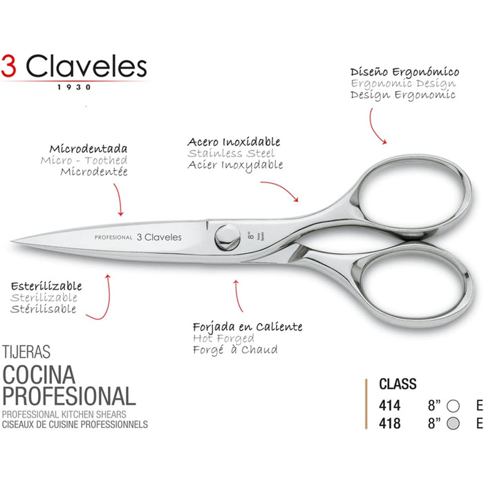 Кухонні ножиці 3 Claveles Master Class, нержавіюча сталь, 20 см, блискучі