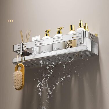 Melairy Shower Shelf No Drilling Bathroom Storage & Organization Shower Basket, Stainless Steel Bathroom Shelves with Two Hooks for Bathrooms and Kitchens