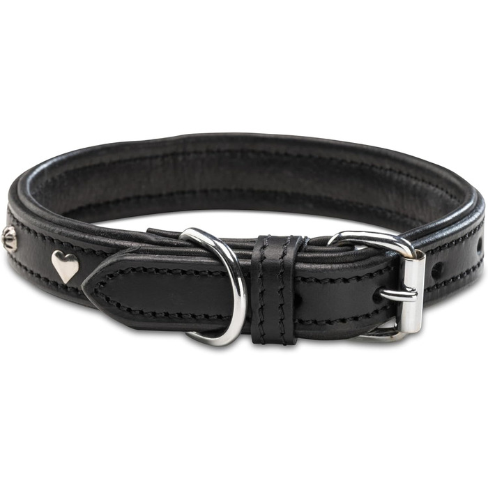 Нашийник для собак Jack Russell з натуральної шкіри чорного кольору з аплікаціями у вигляді серця та квітки, подвійний шар, розмір S (26.0-36.0)