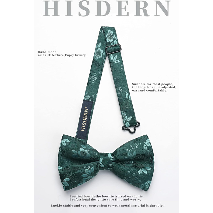 HISDERN Комплект краватка-метелик, кишеньковий хустинка та запонки з візерунком павлічків, з гачком, регульована, вже зав'язана, для вечірки, весілля, Різдва, Хелловіну, A1-Зелений