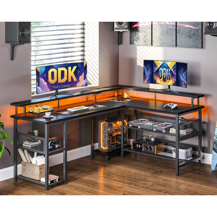 Ігровий стіл ODK з LED-підсвіткою, кутовий, з 2 розетками та 2 USB-портами, великий чорний письмовий стіл 168×120 см з сітчастою полицею