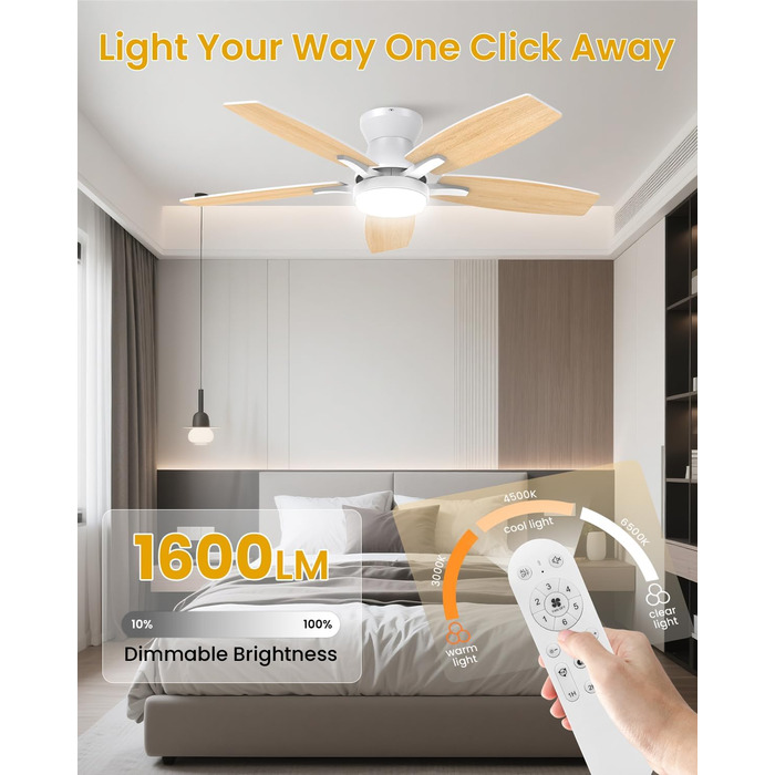 106 см стельовий вентилятор з підсвічуванням та двосторонніми лопатями, тихий вентилятор з LED-лампою та пультом дистанційного керування для спальні/вітальні, DC мотор, колір - світле дерево