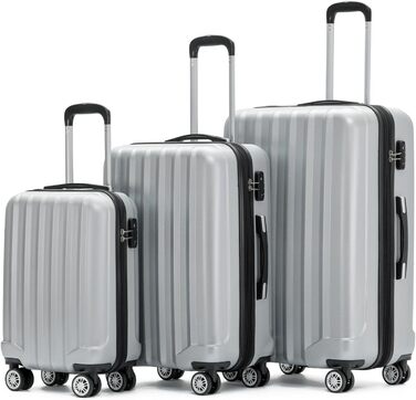 BEIBYE TSA Lock 2080 Twin Rollers 3-Piece Luggage Set Suitcase Luggage Set Trolley Trolleys Hard Shell (Silver)