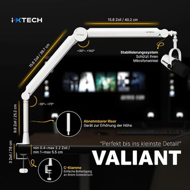 IXTECH Mikrofonarm: регульований тримач мікрофону 360° з нержавіючої сталі для радіостудій, подкастів, геймінгу (MI03 VALIANT, 4 VALIANT WEISS)