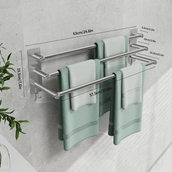 Тримач для рушників на стіну без свердління, SUS304 нержавіюча сталь, 3 стійки, 2 гачки, 60 см, сріблястий