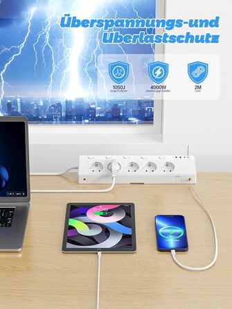 Мережевий адаптер PASSUS 5-fach з 2 USB-C (PD 30W), захист від перенапруги, індивідуальне вмикання, 10-в-1, кабель 2м, чорний